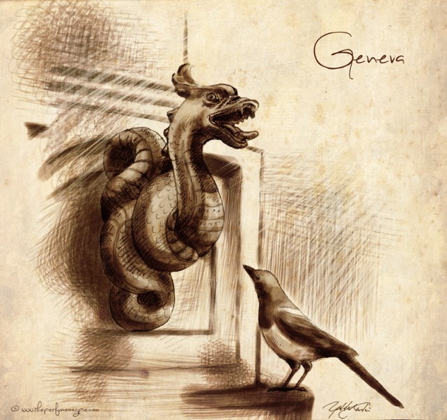 Magpie at a fountain in Old Town, Geneva | Illustration by The Perfume Magpie