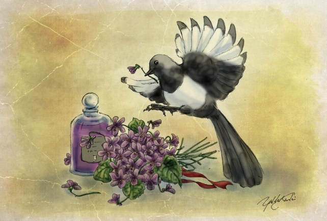 A Magpie and Violets | Illustration by The Perfume Magpie