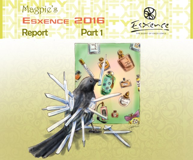 Magpie sniffed a lot of perfumes in 3 days. Magpie didn't want to smell any perfume for 2 days after Esxence. | Illustration by The Perfume Magpie