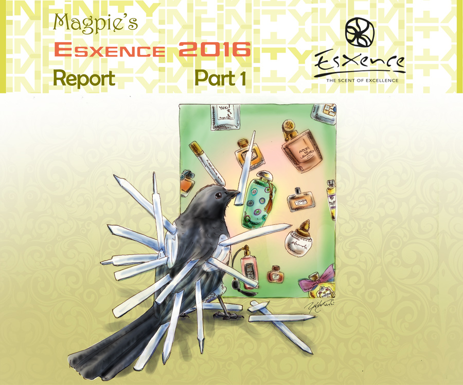 Magpie sniffed a lot of perfumes in 3 days. Magpie didn't want to smell any perfume for 2 days after Esxence. | Illustration by The Perfume Magpie